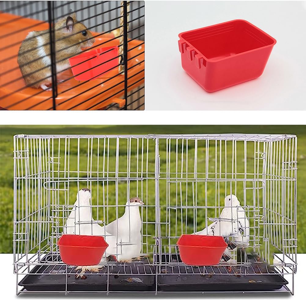 10 Pack Square Cage Cups Birds Feeders,Hanging Bird Chicken Feeder Waterer Cups,Plastic Drinker Quail Cage Waterer,Feeding Bowl for Rabbit Pigeon Parrot Parakeet Gamefowl,Red