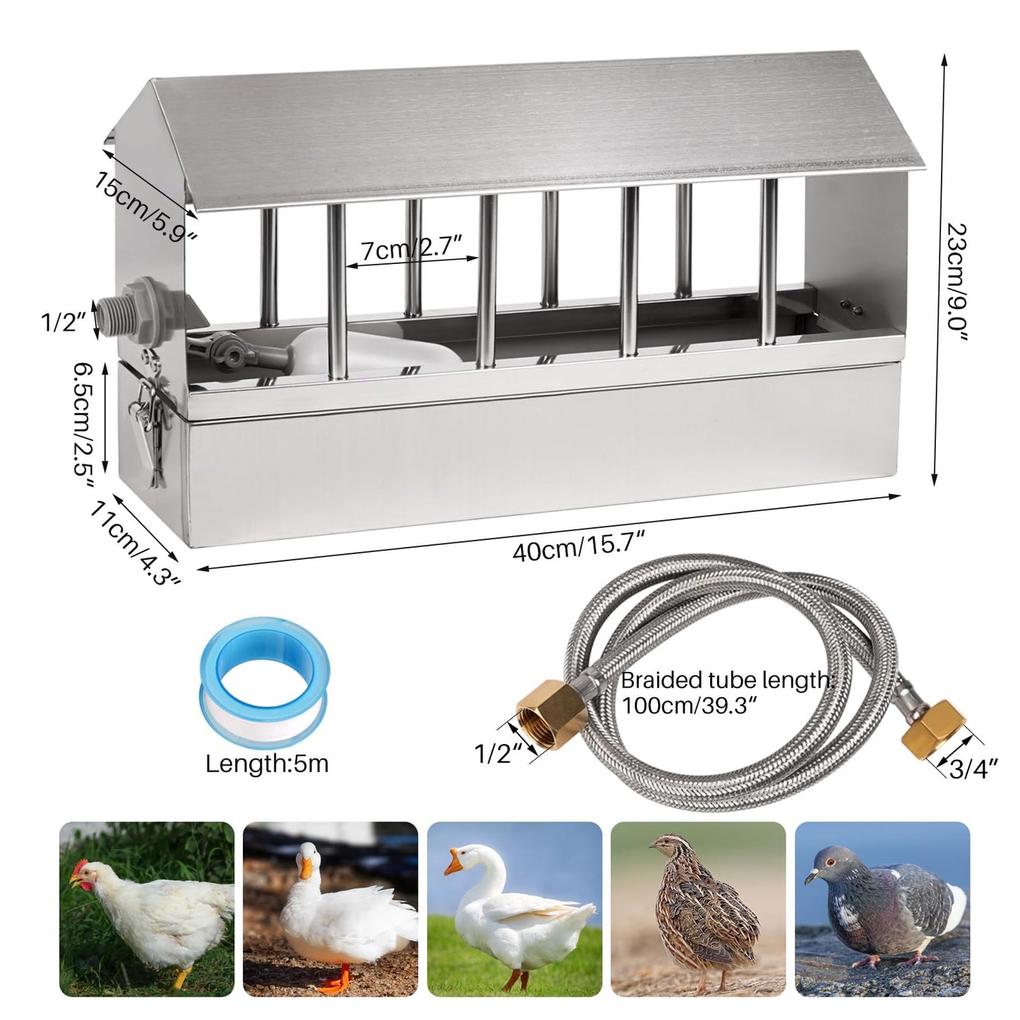 Automatic Chicken Waterer Stainless Steel Large Metal Chicken Waterer System Poultry Waterer Dispenser with Float Valve Kit Hose Accessories for Pigeon, Duck, Goose