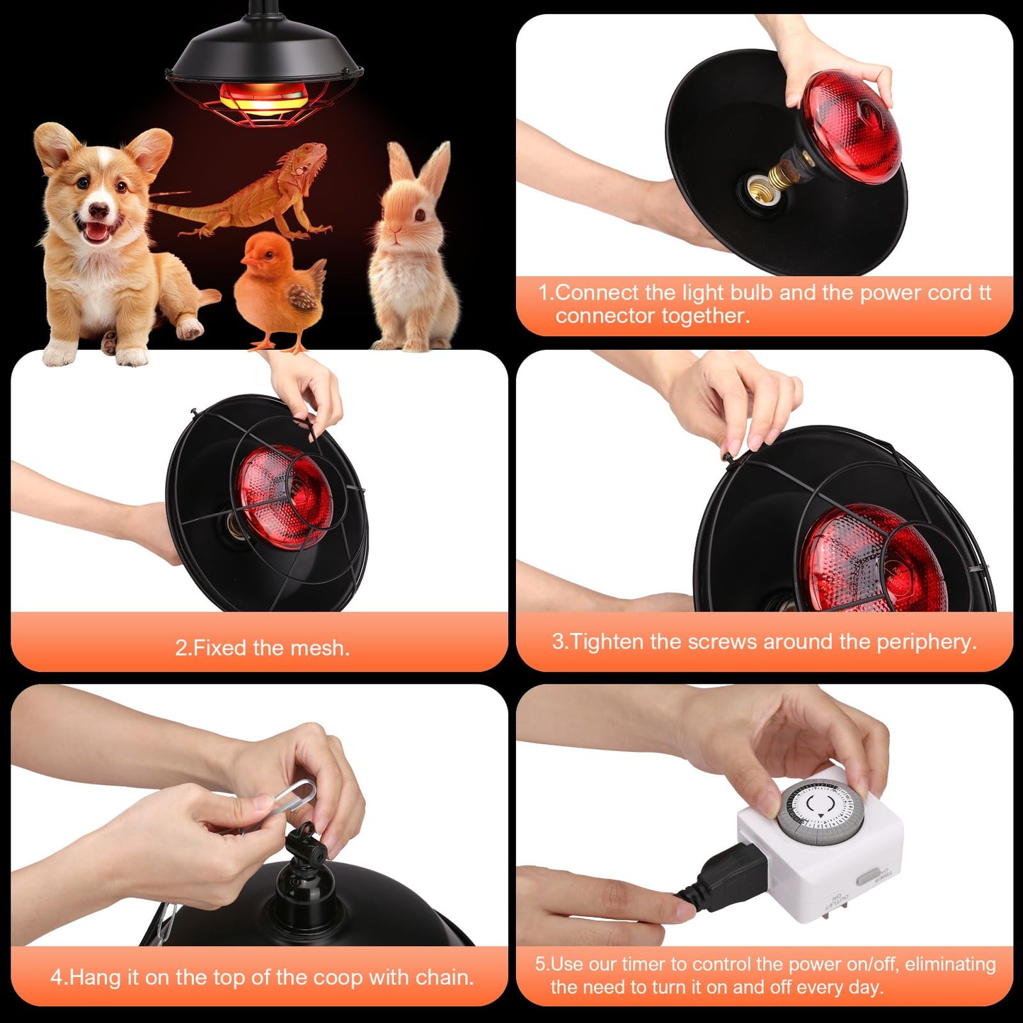 Yinsun Chicken Coop Heater, 150w Heat Lamp with 24-Hour Indoor Basic Timer, Daily On/Off Cycle - 30 Minute Interval, Adjustable Height Heater for Outdoor Chicken Reptile Rabbits Dog Cats