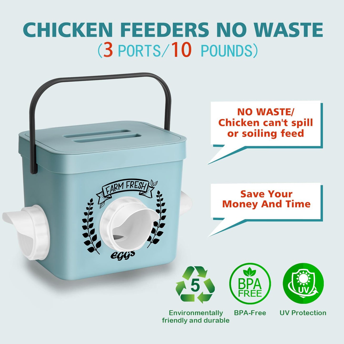 ‎Tgeyd Chicken Feeder, 10 LB Chicken Coop Accessories, Chicken Feeders No Waste for Chicks and Hens, Waterproof Automatic Chicken Feeder, Hanging Chicken Feeder with 3 Ports (Patent Product)
