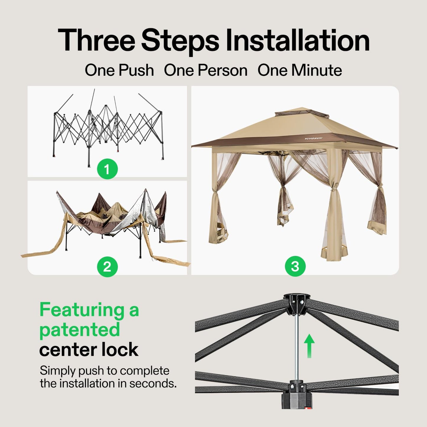 VIVOSUN 13 x 13 Pop Up Canopy Tent, Quick Setup Canopy Shelter with Mosquito Netting, Center Lock, Storage Bag, Instant Outdoor Gazebo for Parties, Patio, Lawn, Garden, Backyard, Khaki