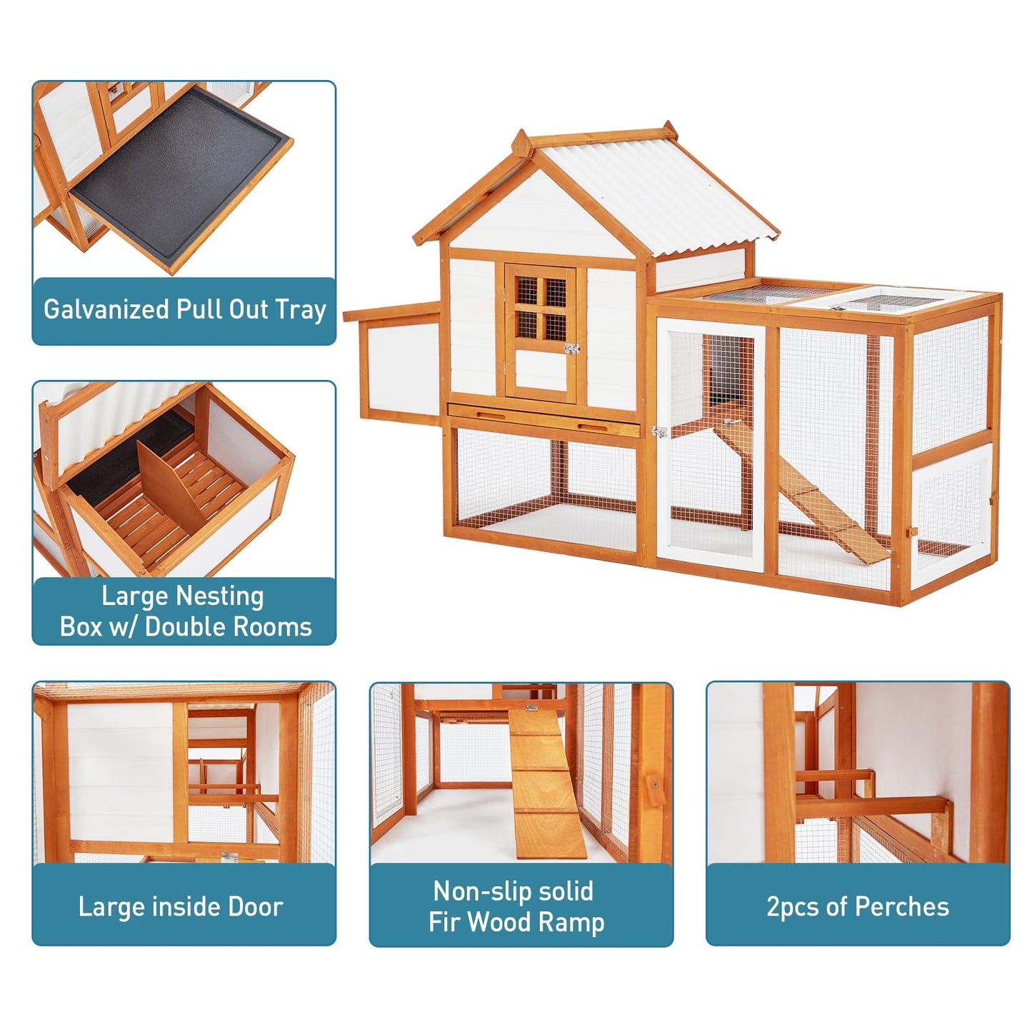 Outdoor Chicken Coop Wooden Hen House with Run, Poultry Cage w/Ramps, Nesting Box, 4 Access Areas, Wire Fence, Removable Bottom for Easy Cleaning