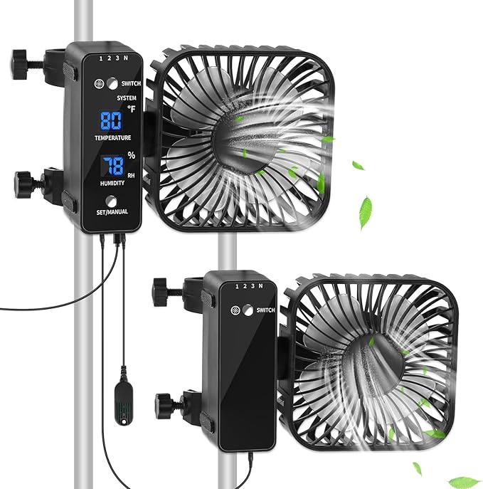 2-Pack 4” Grow Tent Fan With Temperature And Humidity Meter,Automatic Humidity Control,Oscillating Fan For Hydroponic Ventilation Circulation With Clips,Adjustable Speed Quiet Greenhouse