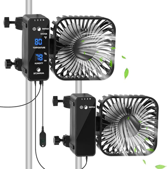 2-Pack 4” Grow Tent Fan With Temperature And Humidity Meter,Automatic Humidity Control,Oscillating Fan For Hydroponic Ventilation Circulation With Clips,Adjustable Speed Quiet Greenhouse