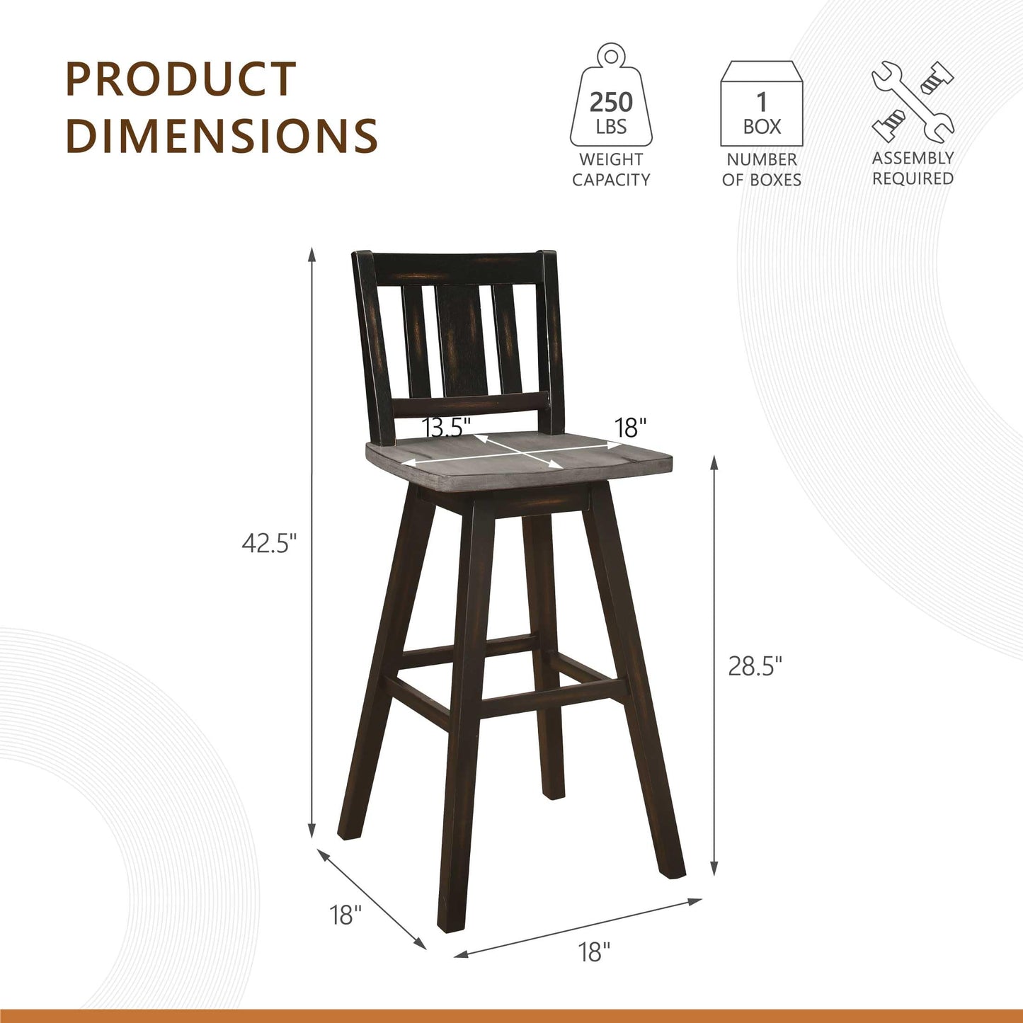 Bar Height Bar Stools Set of 2 - Solid Wood High Back 360° Swivel Wood Stool Pub Height, Foot Rest, Slat Back, Wide Seat, Distressed Farmhouse Easy to Clean Finish, 29 Inch Seat Height Chair Black