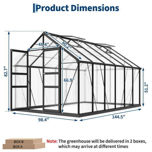 Garvee 12x8 FT Greenhouse, Easy Assembly Polycarbonate Greenhouses for Outdoor with Adjustable Roof Vent, Large Aluminum Walk-in Greenhouse with Lockable Hinged Door for Patio, Backyard, Garden, Black