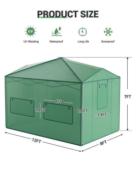 Hipicute Pop Up Greenhouse 12x8 FT,Portable Walk-in Indoor Outdoor Greenhouse for Garden Patio Backyard,Zippered Doors and Window,PE Cover,144x96 inch