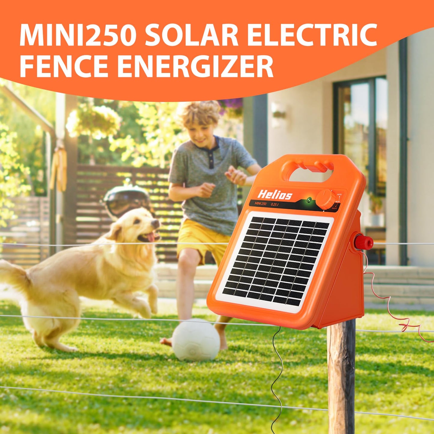 ANDMON MINI250 15 Miles Solar Electric Fence Charger, 0.25 Joule Solar Fence Charger for Livestock, Pigs, Horses, Cattle Sheep, Solar Powered Electric Fence with Day or Night Mode, Easy Installation