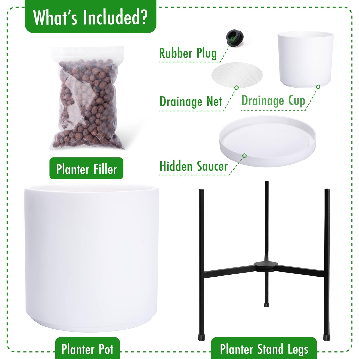 D'vine Dev Modern White Plants Pot Cylinder Planter with Heavy Duty Stand, XX-Large 16 Inch Pot, 22.8 Inch with Stand Height, 96-T-A-5