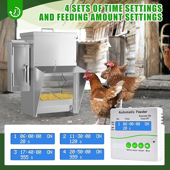 ChiPak Automatic Chicken Feeder with Timer - 25LB Capacity Stainless Steel Poultry Trough Feeders W/ 4 Sets of Timer Settings,Weatherproof Chicken Food Dispenser for 6-12 Chickens