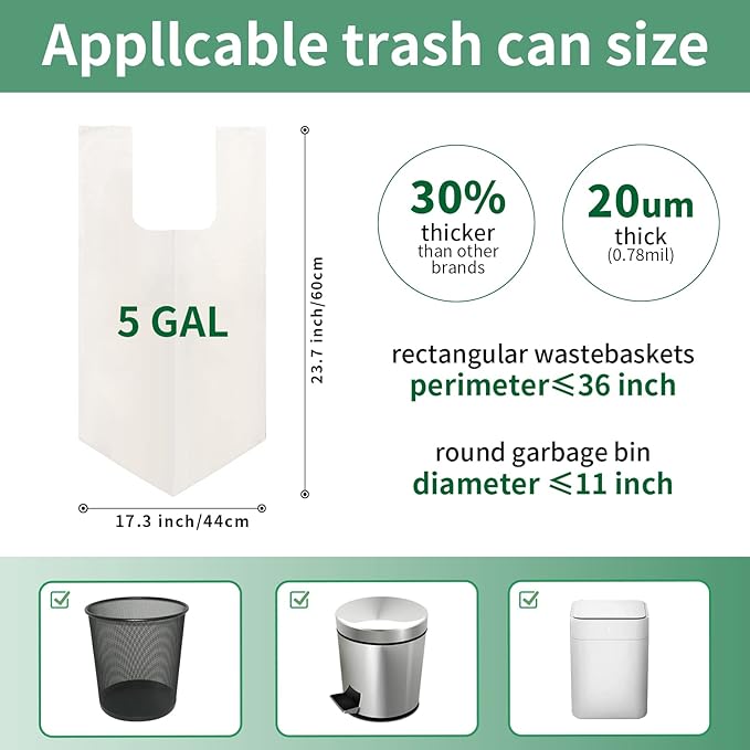 Biodegradable Handle Trash Bags 4-5 Gallon, 100% Compostable Garbage Bags Wastebasket Liners Bags for kitchen bathroom office garden,US BPI ASTM D6400 and Europe OK Compost Home Certified