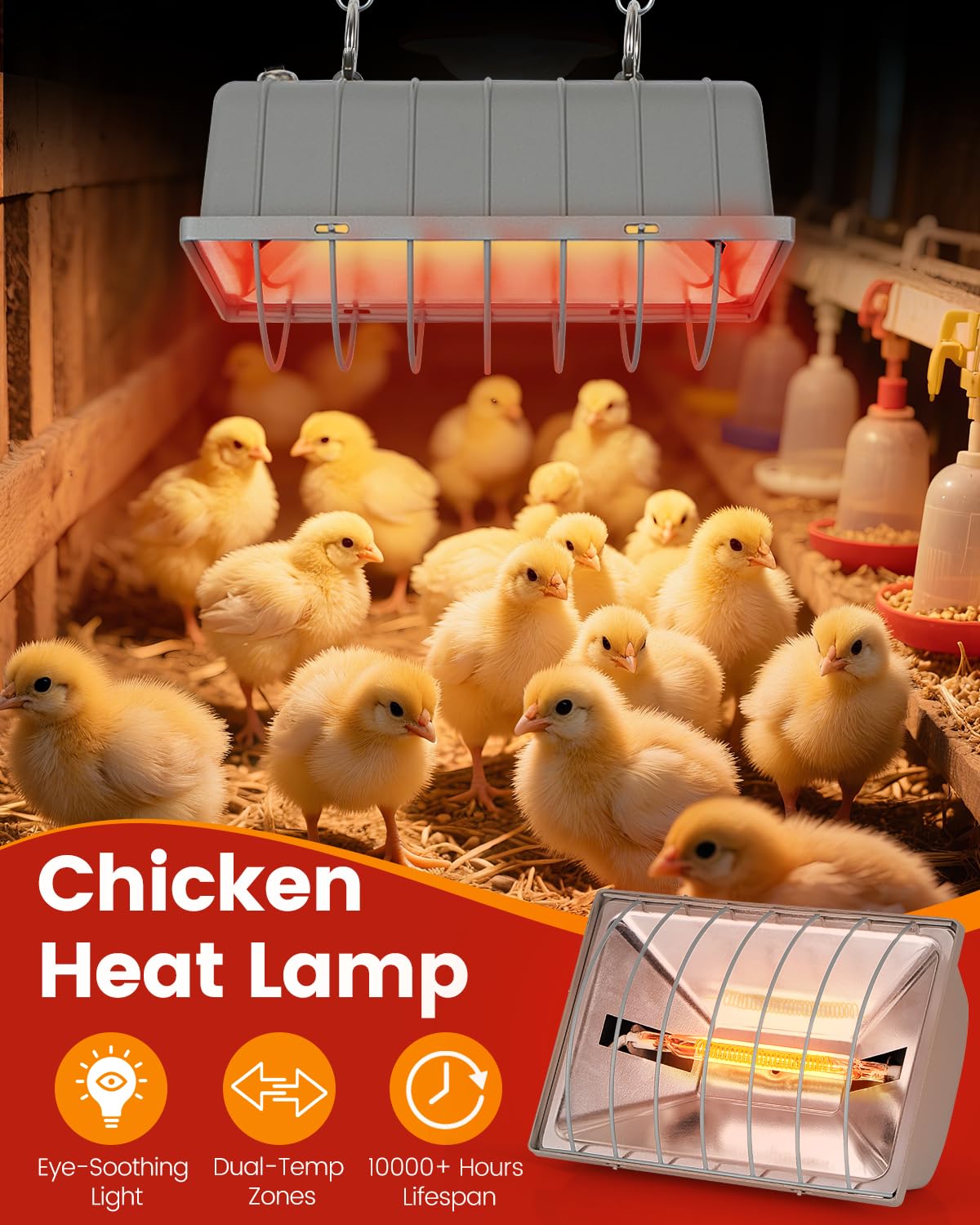JIAXIDE Dual-Mode 300W Heat Lamp for Chickens - Long-Lasting Chicken Coop Heater & Chick Brooder Kit Companion, Safe Design with 7.87ft Cord for Poultry, Ducks, and Other Livestock