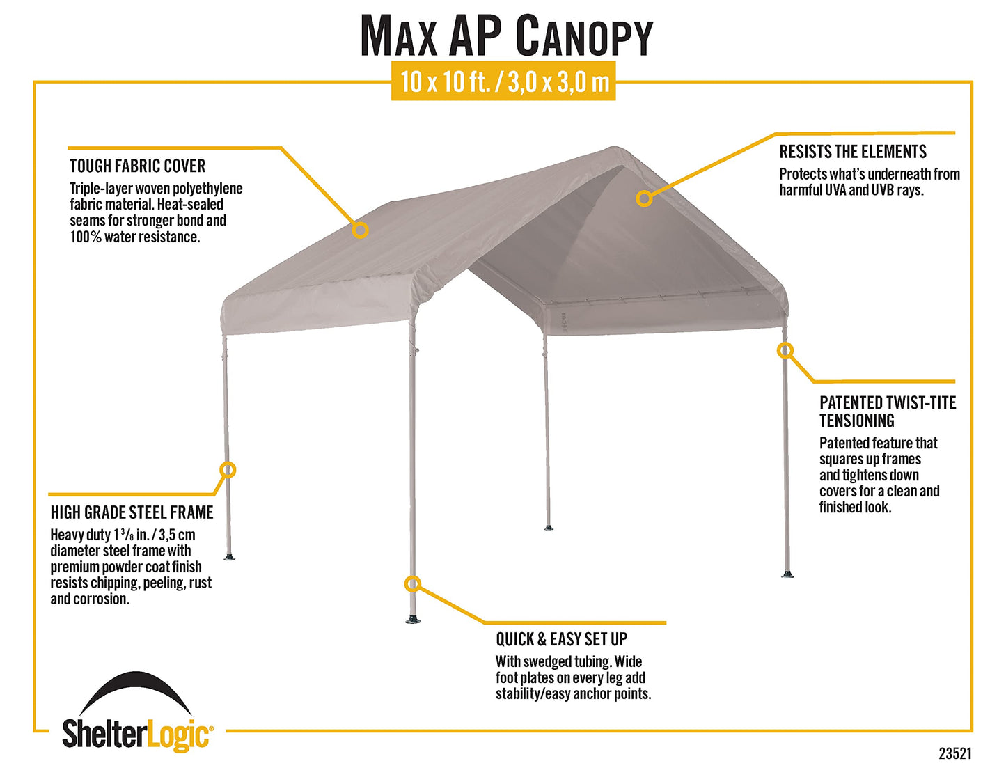 ShelterLogic 10' x 10' MaxAP Canopy Series Compact Outdoor Easy to Assemble Steel Metal Frame Canopy with 50+ UPF Sun Protection and Waterproof Cover, White, 23521