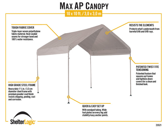 ShelterLogic 10' x 10' MaxAP Canopy Series Compact Outdoor Easy to Assemble Steel Metal Frame Canopy with 50+ UPF Sun Protection and Waterproof Cover, White, 23521