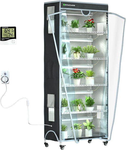 Indoor Greenhouse with Cover 6-Tiered with 5 Sets of T8 Growth Lights Plant Rack with Thermometer Timer for Seedling Propagation and Flowering, 29.8 "LX13.9 WX71.8 H