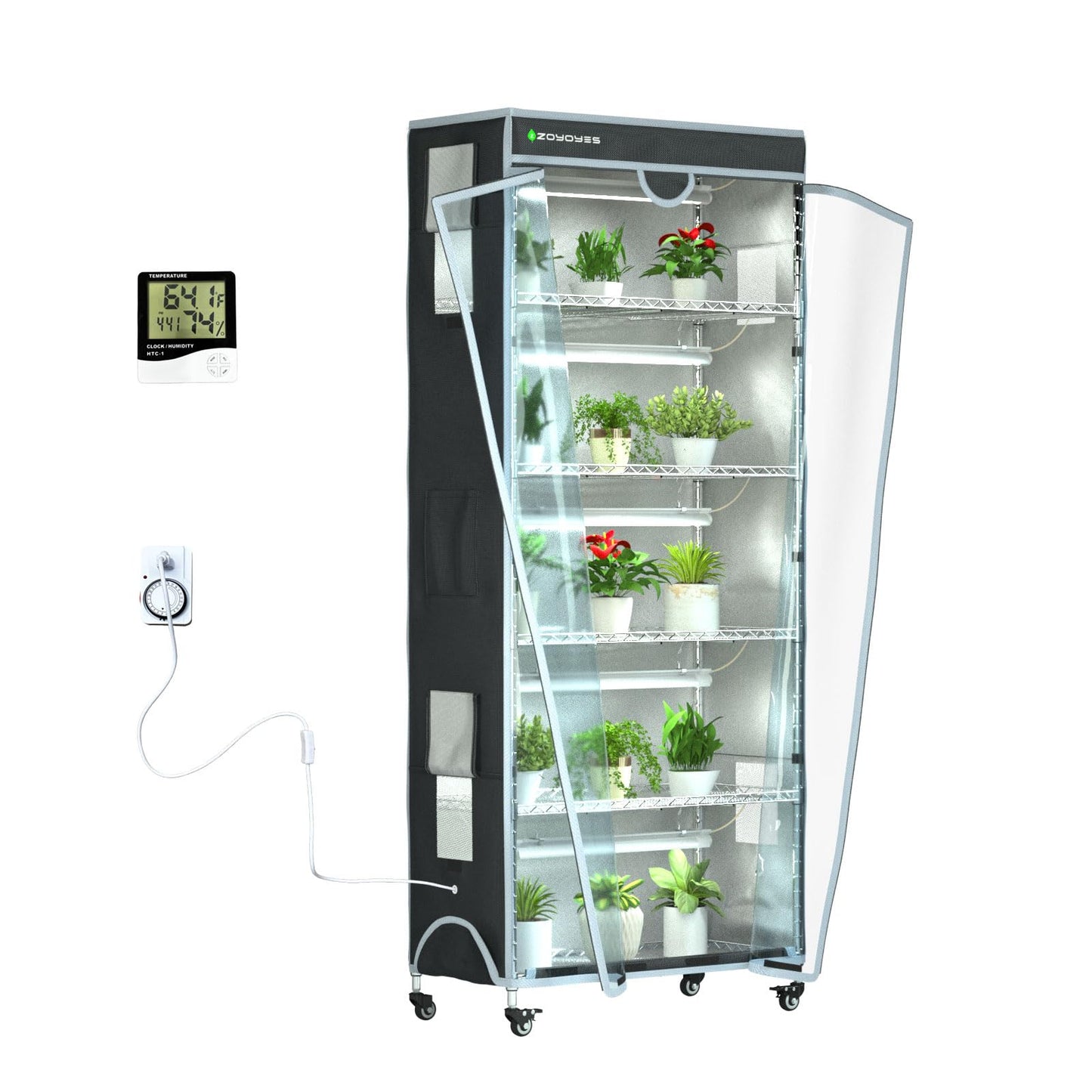 ZOYOYES Indoor Greenhouse with Cover 6-Tiered with 5 Sets of T8 Growth Lights Plant Rack with Thermometer Timer for Seedling Propagation and Flowering, 29.8 "LX13.9 WX71.8 H