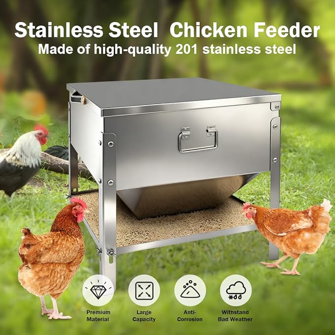 Stainless Steel Chicken Feeder No Waste, 60LBS Large Capacity Poultry Feeder, Adjustable Metal Chicken Coop Feeder with Lid and Handle