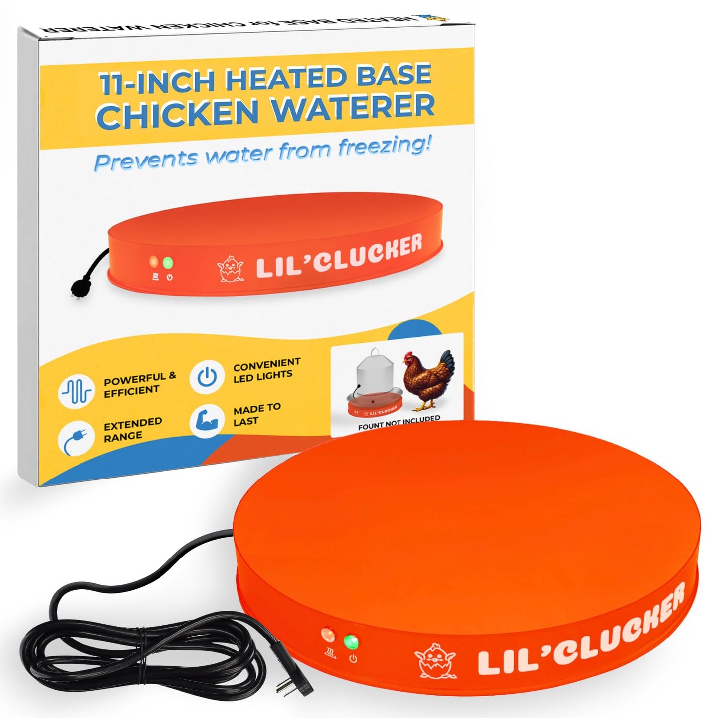 Lil'Clucker Heated Base for Chicken Waterer – Automatic Metal Freeze Proof Heated Chicken Waterer with Heater & LED – Poultry Heated Waterer for Winter (Orange, 11 Inch)