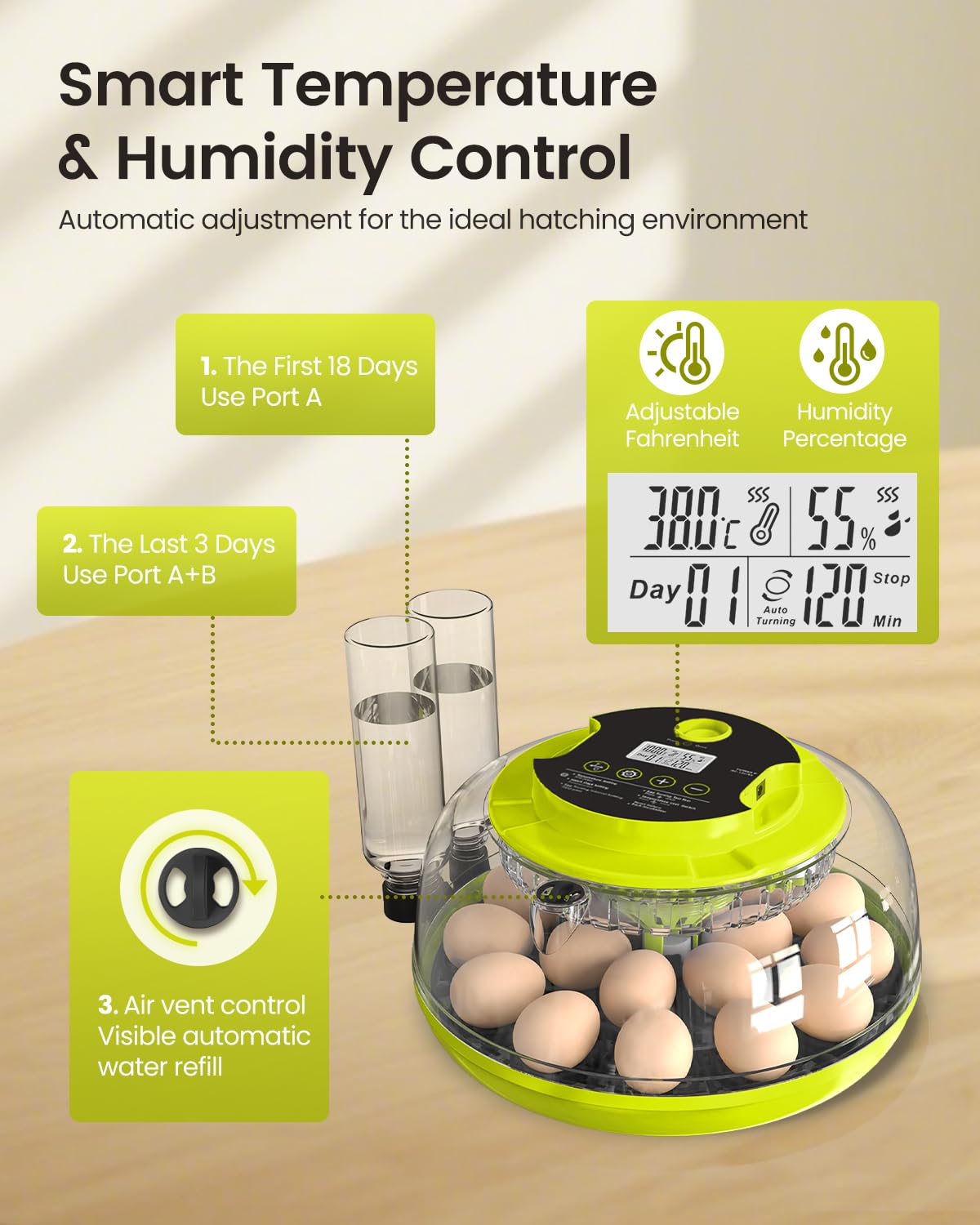 Incubator for Hatching Eggs, 18 Eggs Capacity, Incubators with Egg Candler, Automatic Egg Turner, Temperature & Humidity Control, Full Viewing for Chicken, Duck, Quail, Goose, Parrot, Pigeon