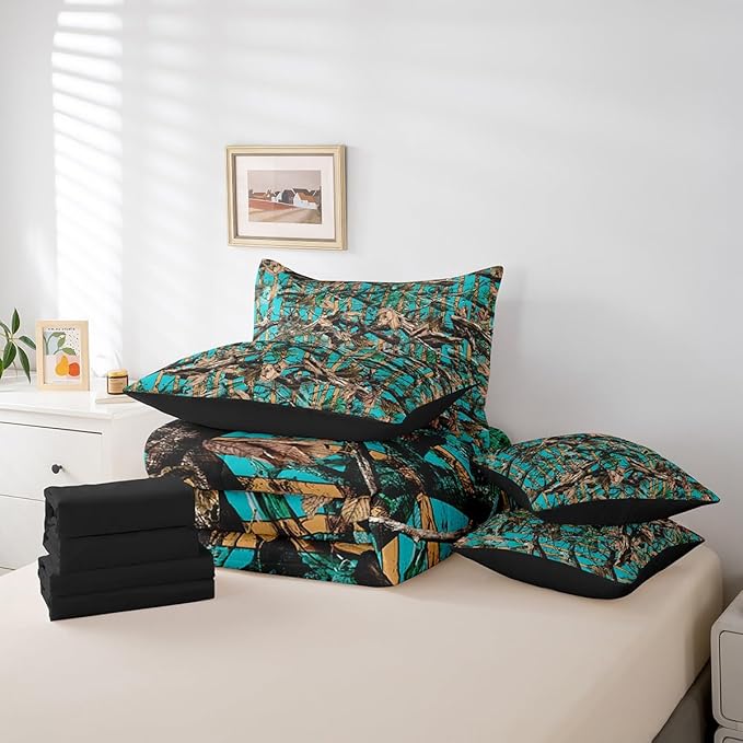 Feelyou Tree Branches 7 Pieces Bedding Set, for Kids Wild Hunting Leaf Bed Set Full Size Botanical Tree Bed in a Bag with Comforter, Sheets, Pillowcases Bedroom Decor Nature Theme Teal Brown