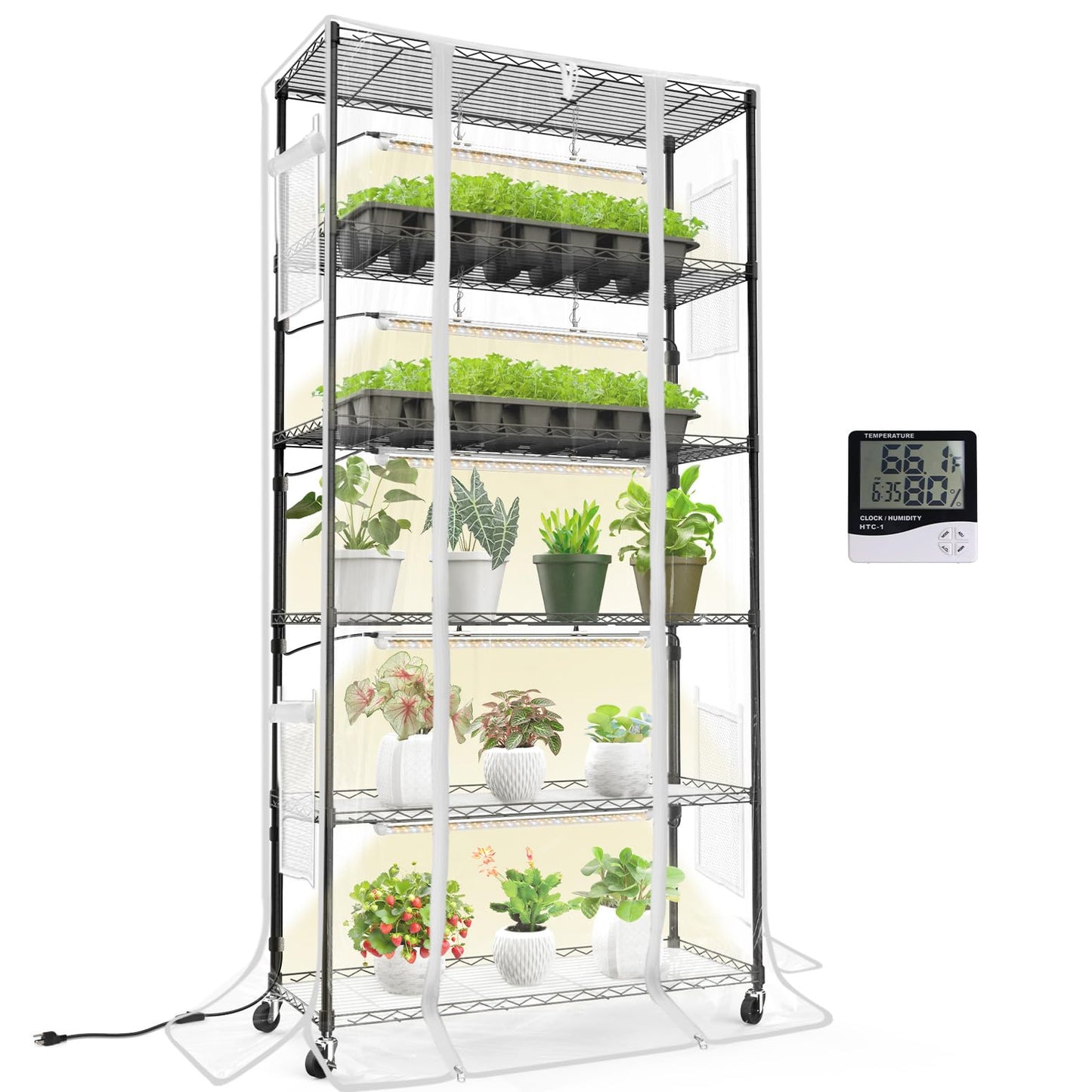 Bstrip Indoor Greenhouse with Grow Light, Mini Green House with 5 Pack T8 Full Spectrum Plant Lights, Plant Shelf with Tent for Indoor Plant, Seed Starting, Seed Tray, 35.4"x13.8"x71"
