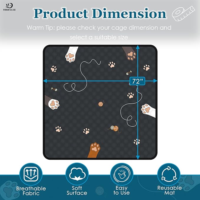 Guinea Pig Cage Liner Washable, 72in x 72in Ultra-Absorbent Guinea Pig Bedding for Cage Non-Slip Leak-Proof Pee Pads for Dogs Rabbit Bunny Cat Litter Mat, Black