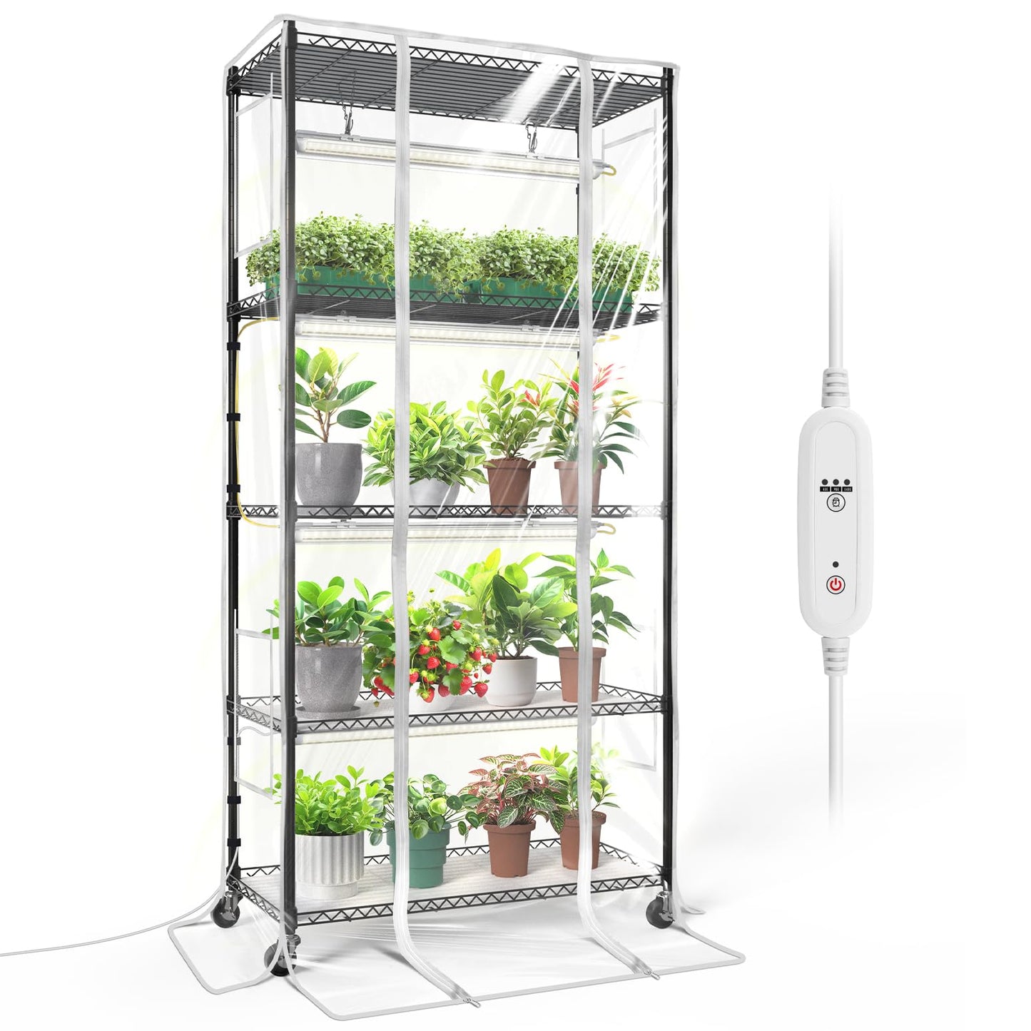 Bstrip Indoor Greenhouse with Grow Light, Mini Green house with 4 Pack T8 Full Spectrum Plant Lights with Timer, Plant Shelf with Tent for Indoor Plant, Seed Starting, Seed Tray, 29.5"x13.8"x59"