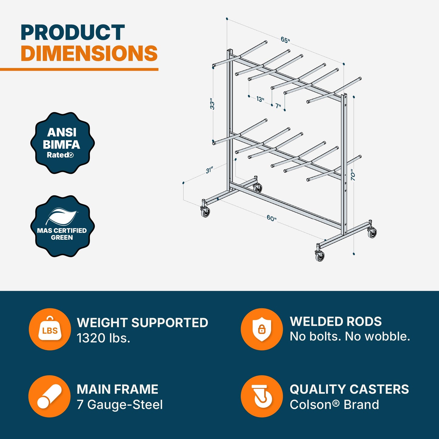 OEF Furnishings OEF84 Series Folding Chair Cart – Heavy-Duty Two-Tier Steel Dolly Rack with Wheels (84 Chairs, Standard Height, Hanging Storage)