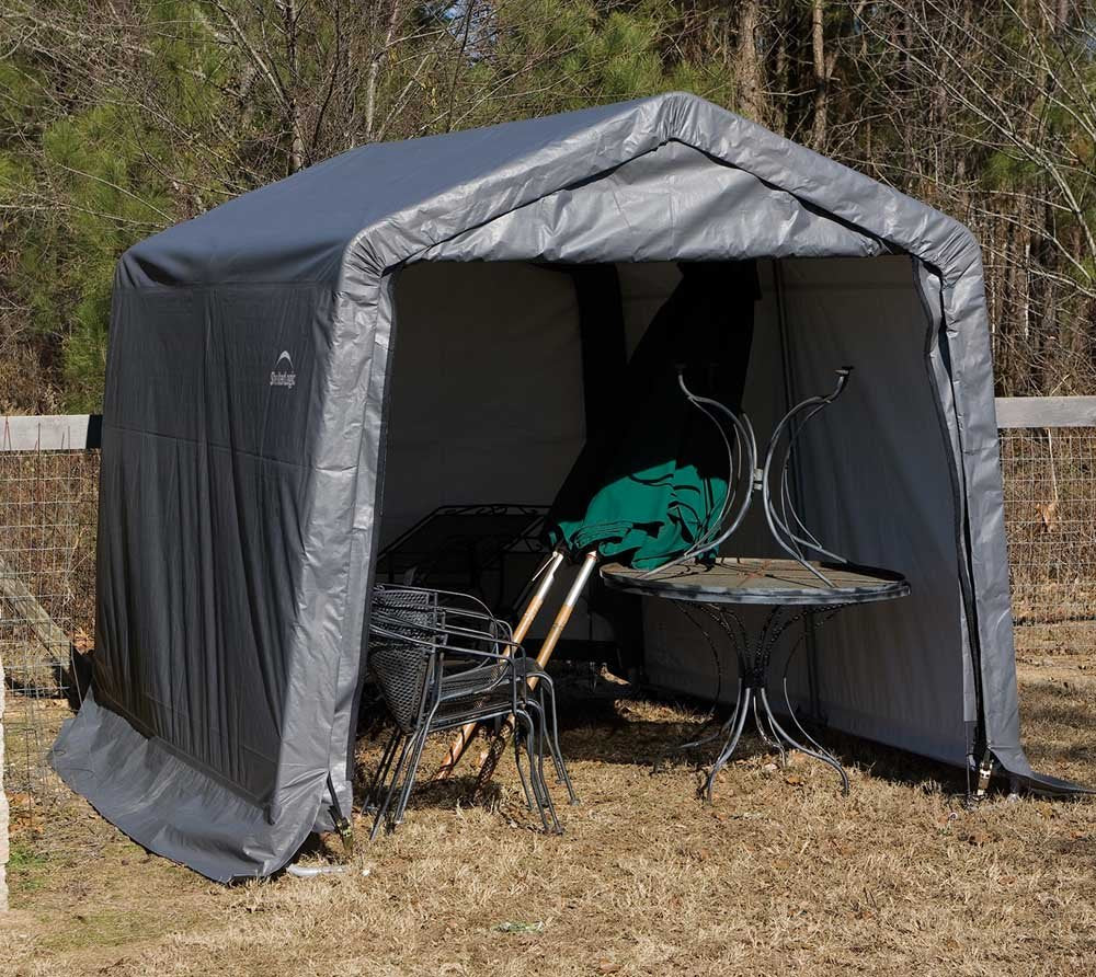 ShelterLogic 10' x 10' Shed-in-a-Box All Season Steel Metal Peak Roof Outdoor Storage Shed with Waterproof Cover and Heavy Duty Reusable Auger Anchors, grey
