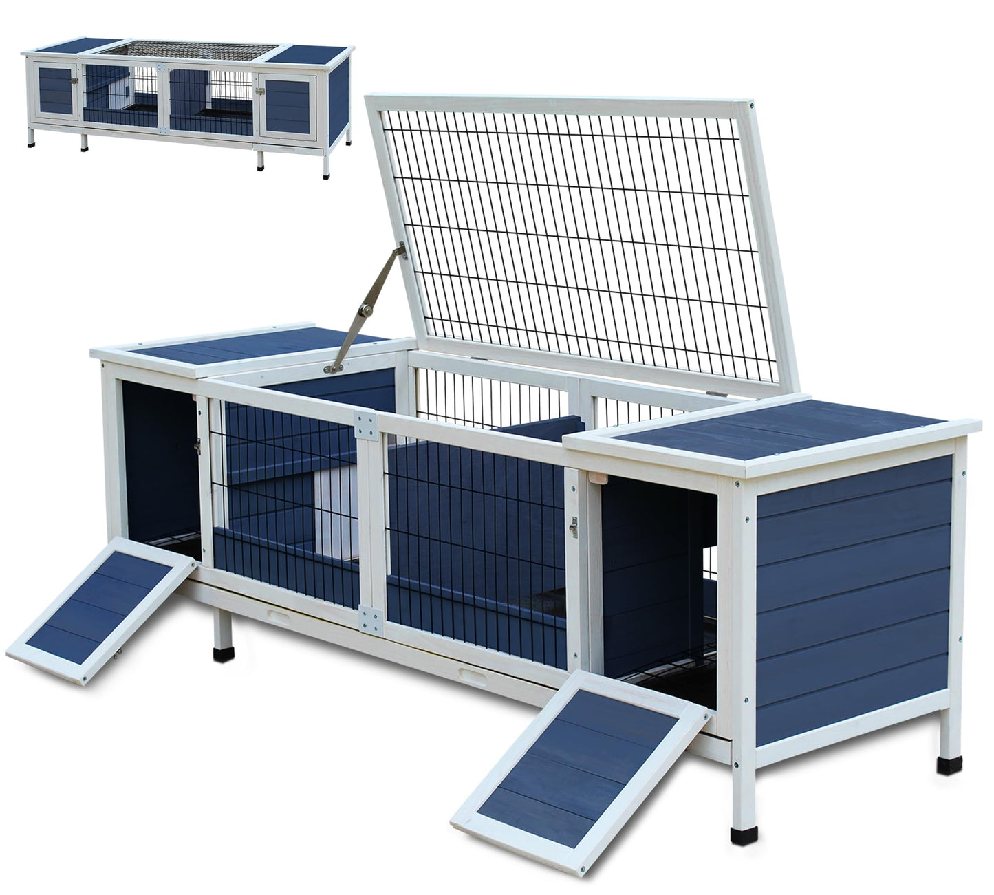Rabbit Hutch Indoor Leakproof Bunny Cage Fir WoodenOutdoor Bunny House with Wire Floor Leakproof Plastic Tray (Blue)