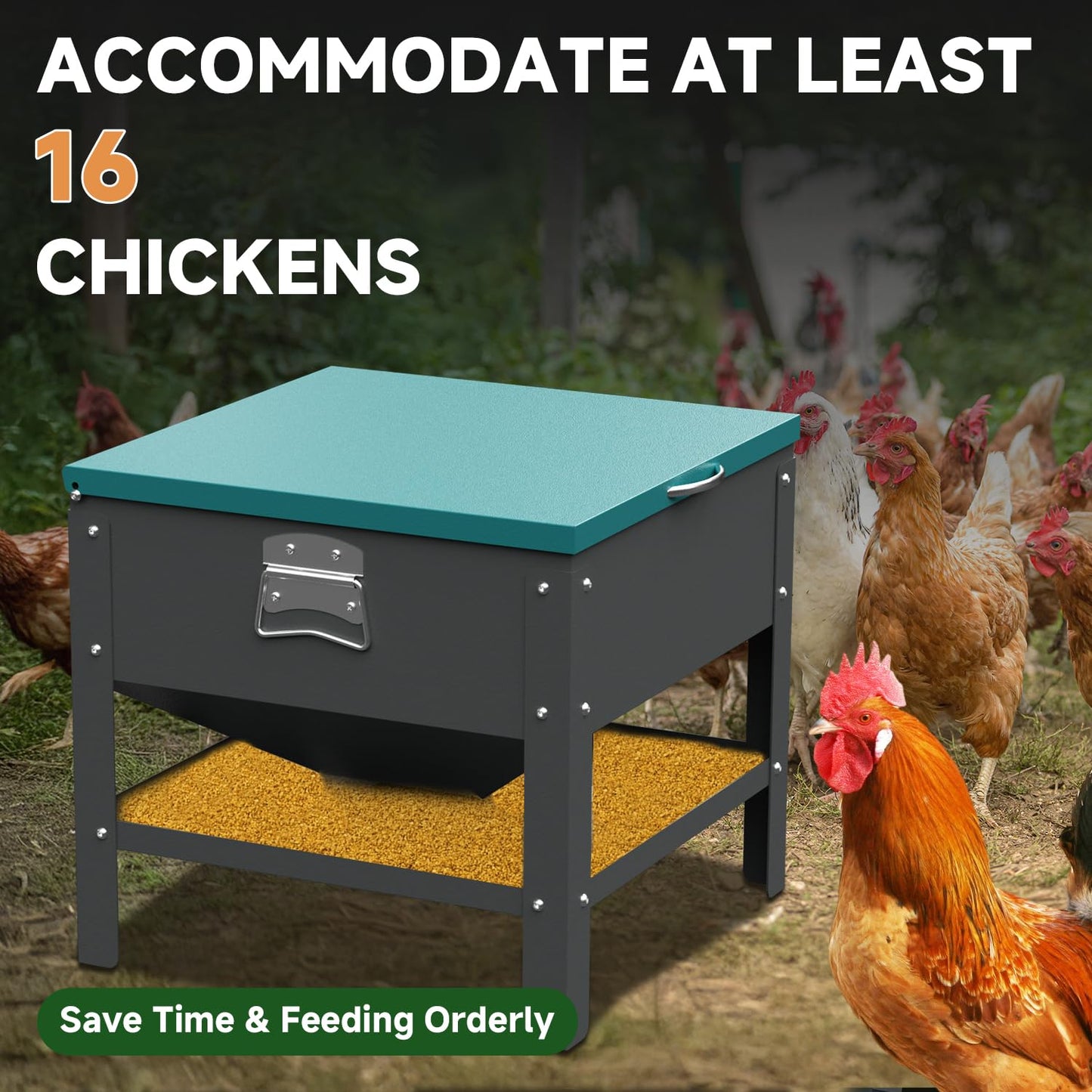 Automatic Metal Chicken Feeder,80lb Large Capacity Portable Gravity Chicken Feeder Box with Weatherproof Lid, No Waste Poultry Feeder for Geese, Ducks(Green Lid)