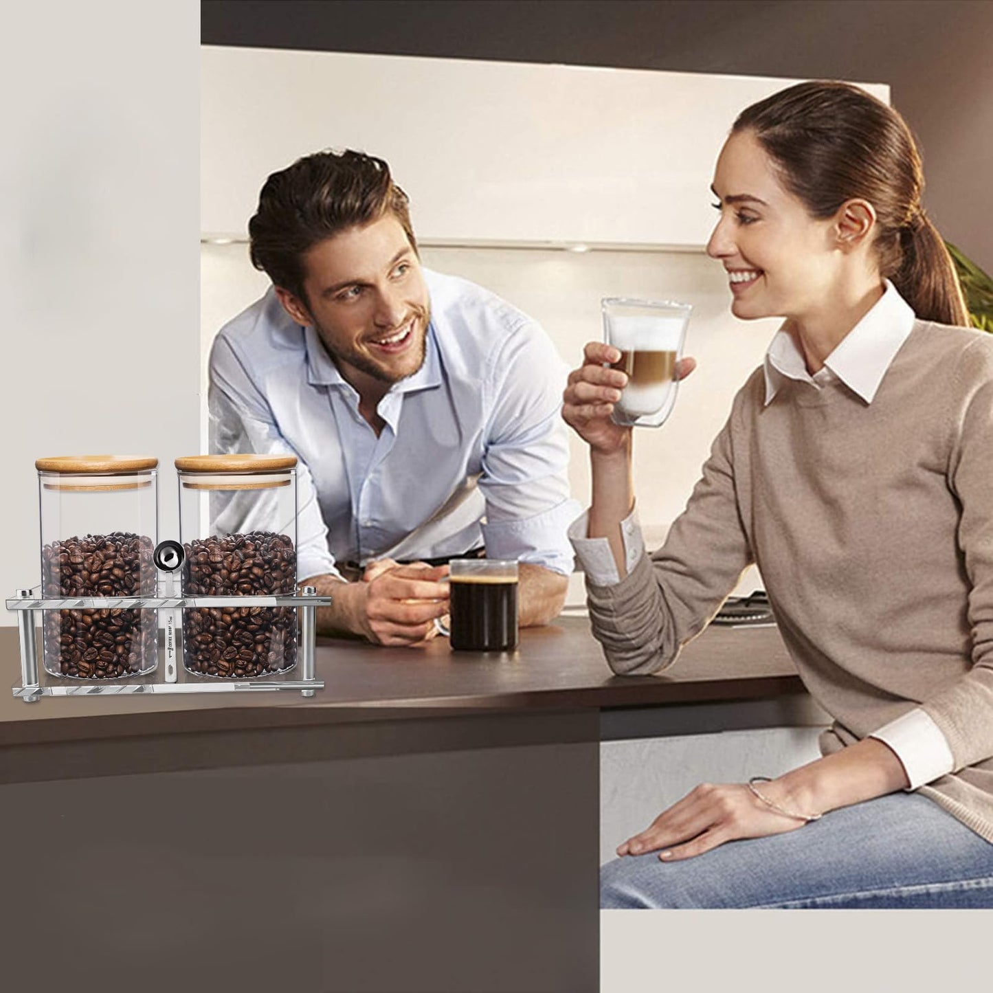 Pahdecor Glass Coffee Containers with Acrylic Shelf, 2pcs 44oz Food Storage Containers with Airtight Lids for Kitchen, Sugar, Nut, Tea