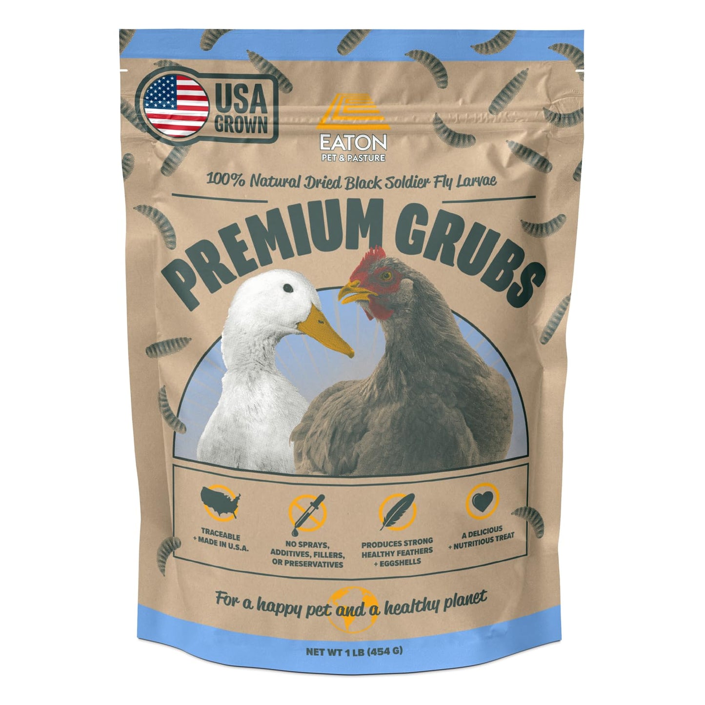 Eaton Pet and Pasture Premium Grubs, USA Grown Dried Black Soldier Fly Larvae, High Calcium Treat for Chickens, Ducks, Wild Birds (1 LB)