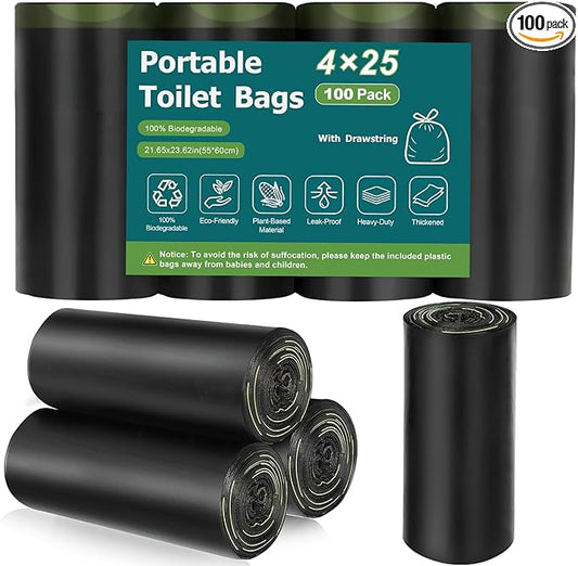 100 Portable Toilet Bags, Camping Toilet Bags, Biodegradable Toilet Bags with Drawstring & Lemon Scent, Compostable Bags for 5-8 Gallon Bucket Toilet Seat for Outdoor Camping Car Travel