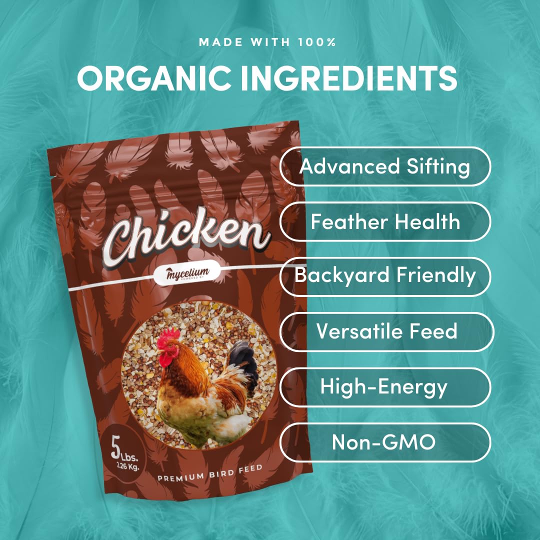 Mycelium Organic Chicken Scratch (5 lb Bag) | Non-GMO Chicken Feed | Natural Multigrain Blend for Poultry Bird | Supports Digestion & Energy | Dust Free Mix, Made in USA