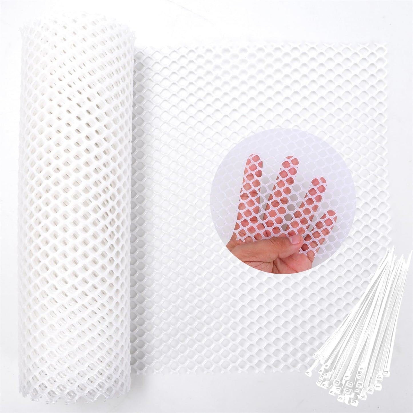 White Plastic Wire Mesh Fence Roll - 15.7IN x 20FT Plastic Chicken Wire Mesh for Poultry， Chicken Puppy Rabbit, Floral, Plastic Fence