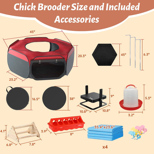 Brooder Box for Chicks, Chicken Starter Kit with Harness Leash, Brooder Heating Plate, Nesting Pad, Chicken Waterer, Feeder, Perch, Dual Door Chick Brooder Set, Pop Up Playpen Tent for Duck Quail