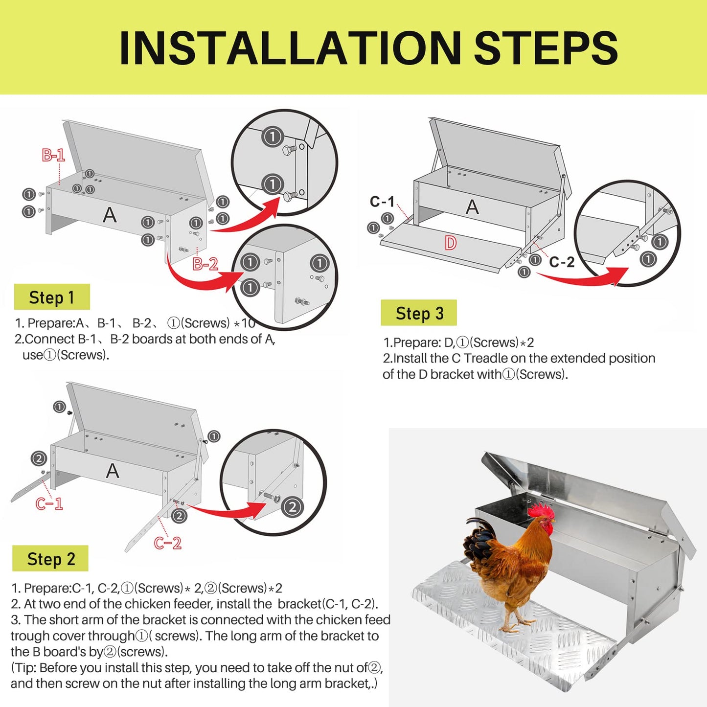 PAULOZYN Automatic Chicken Feeder Treadle Large Poultry Feeders No Waste Stainless Steel Rat Proof Chicken Feeder Trough with Weatherproof Lid Treadle Chicken Feeder Self-Opening for Duck Fowl