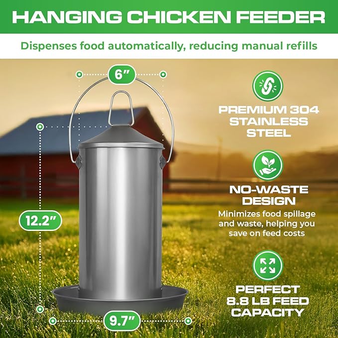 Plexon 8.8 Lb Stainless Steel Hanging Chicken Feeder no Waste Food-Grade - Duck Turkey Poultry Feeder for Chicken Metal - Heavy Duty Reliable Long-Lasting with Handle