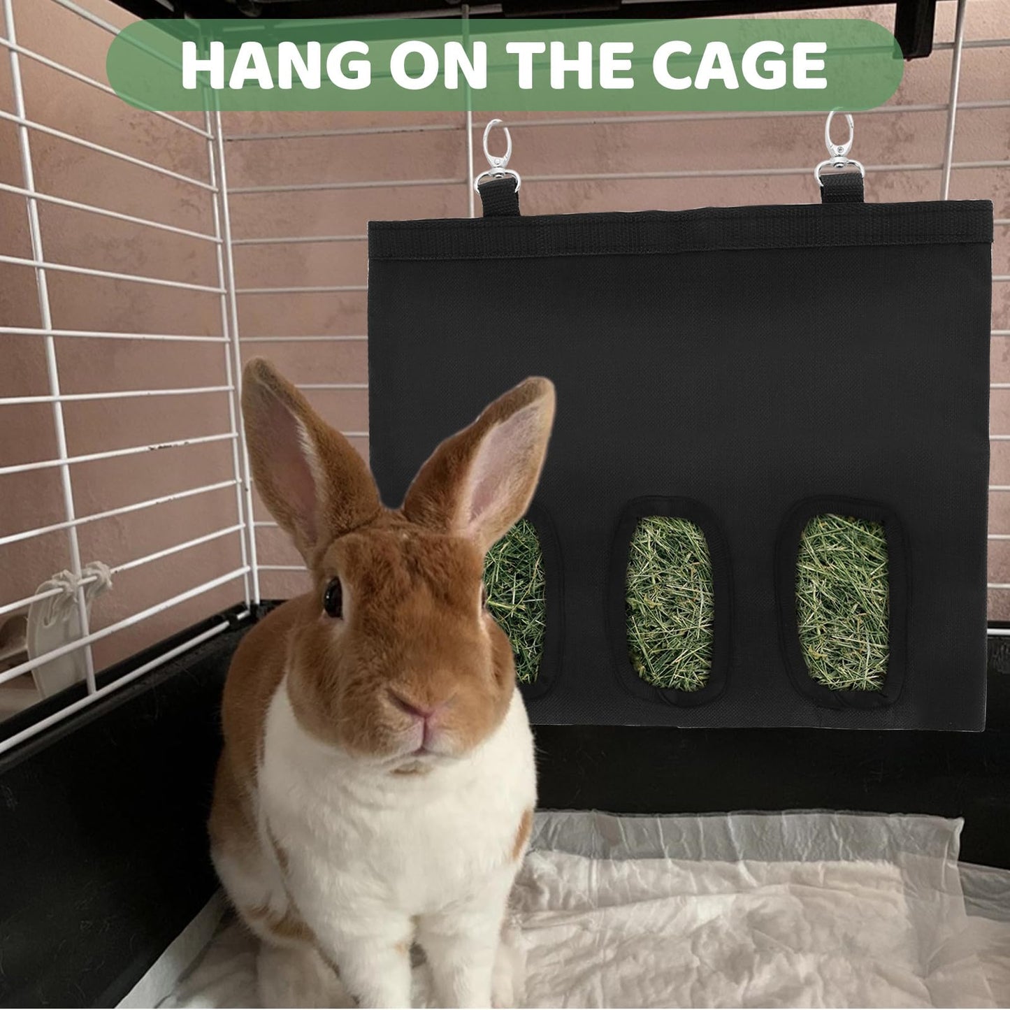 LDXDRU 4Pcs Rabbit Hay Feeder Bag, 3 Hole Hay Bag for Rabbits, Guinea Pig Hay Feeder, Small Animal Hanging Hay Bag for Rabbits Bunny Chinchillas Hamsters and Other Small Pets (Black)