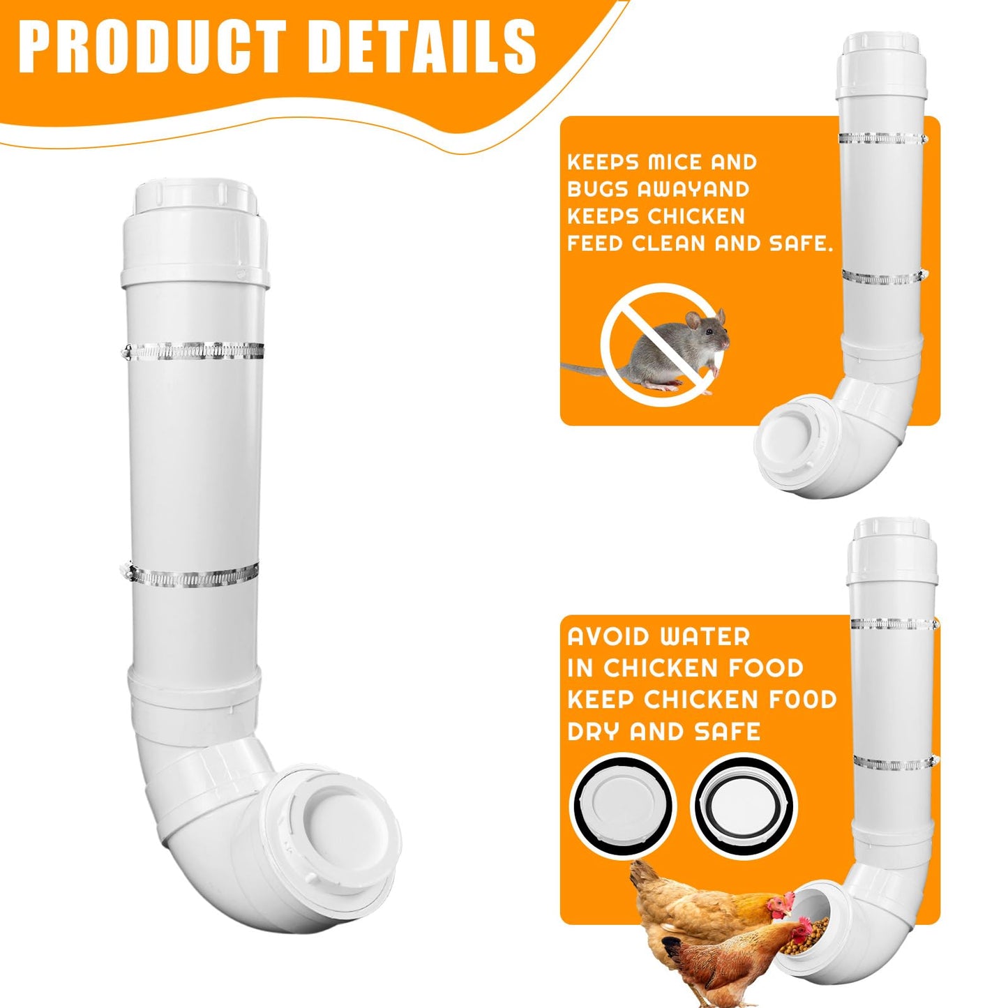 BOUTICOL Automatic Chicken Feeder with 2 Covers Duty PVC Pipe No Waste Chicken Coop Feeder 6.6 Pounds Large Chicken Feeder Hanging Chicken Feeder