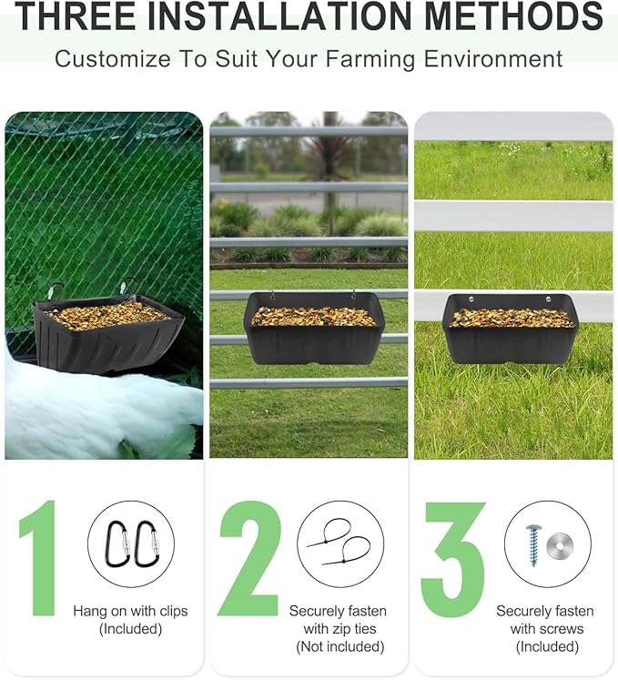Chicken Feeder, 2 Pack, Poultry Feeders and Waterers, Hanging Goat Feeder, Livestock Fence Feeder, Feed Trough and Waterer Bucket with Clips, Black