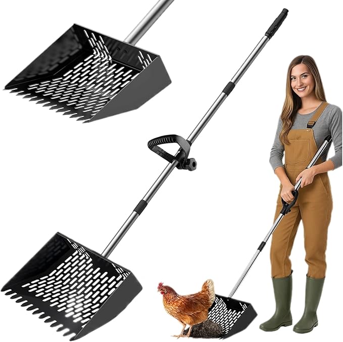 Chicken Shovel Poop Scooper & Rake 2-in-1,Metal Coop Scoop for Sand with 24"–63.7" Adjustable Stainless Steel Handle,Ergonomic Grip Litter Sifting Shovel for Pooper Cleaning,Farm&Poultry