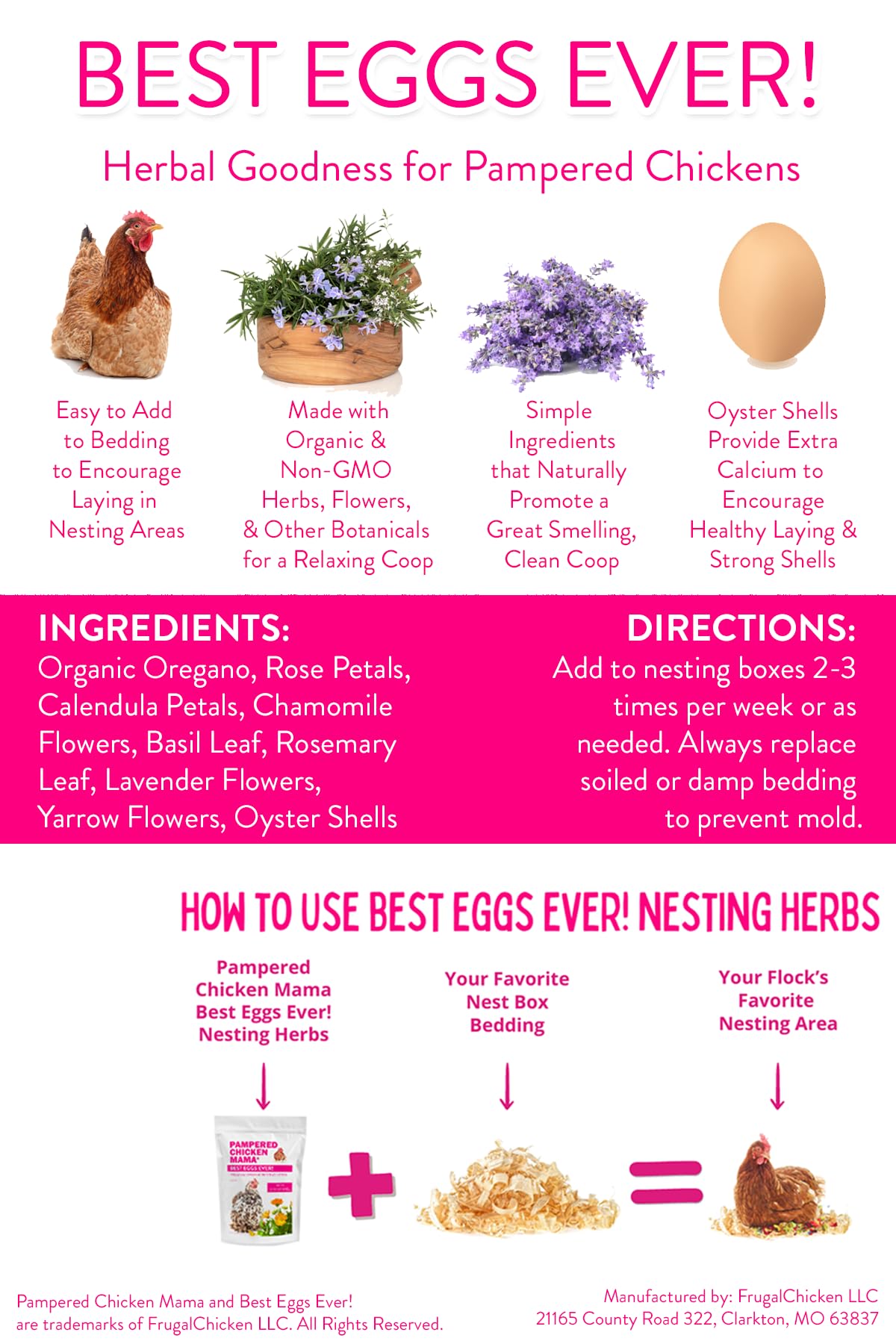 Pampered Chicken Mama Best Eggs Ever! Nesting Herbs for Chickens (10 Ounces) Calcium Supplement for Chickens | Chicken Feed Supplies, Hen Treats for Coops