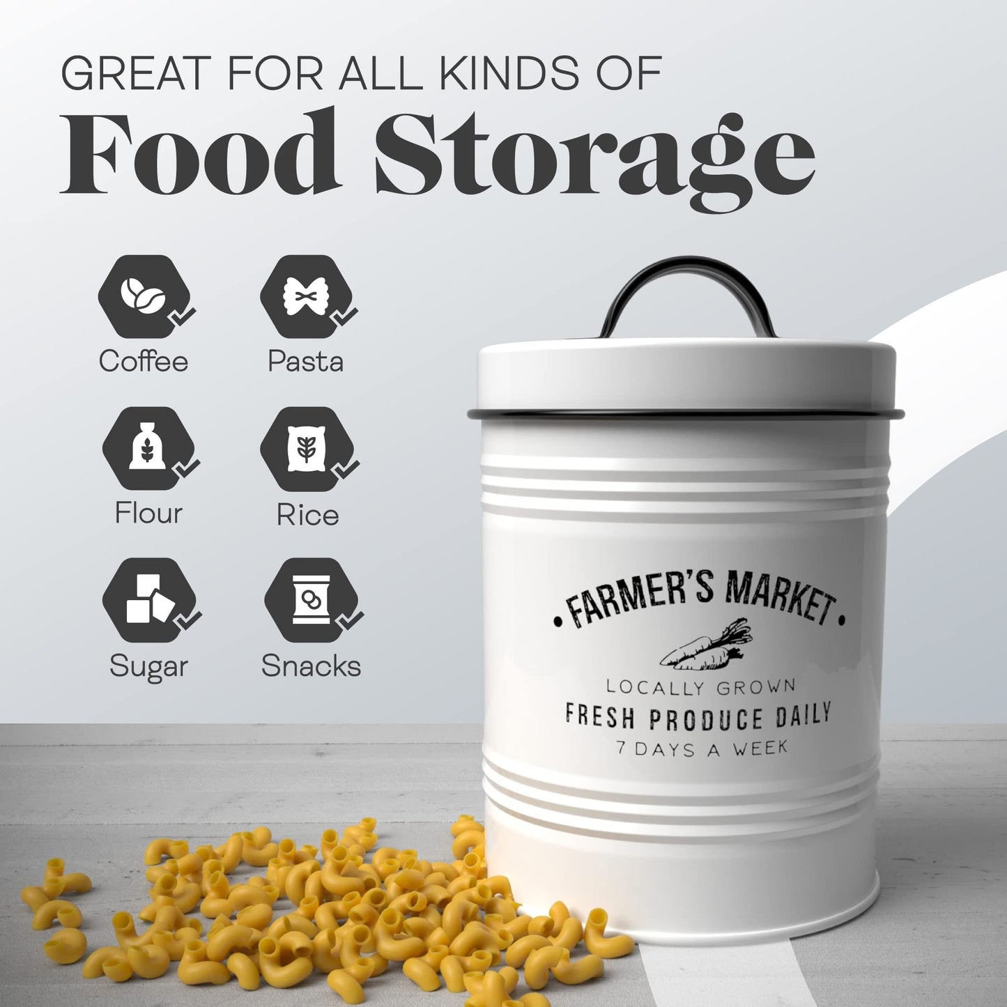 Amici Home Farmers Market Metal Canister | Dry Food Storage Container | Airtight Lid | 76 Ounce Capacity | Farmhouse Décor | Metal Canister for Kitchen Countertop