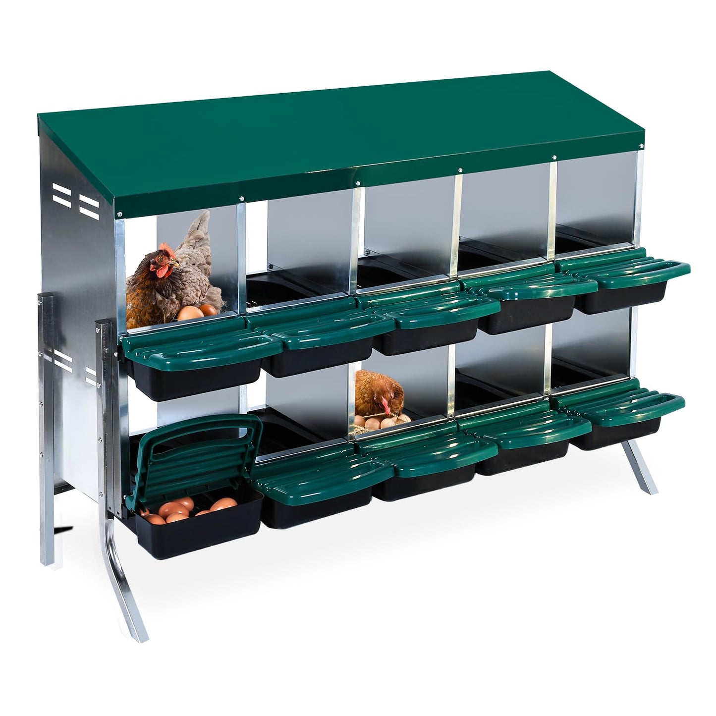 Chicken Nesting Box, 10 Compartments Nesting Boxes for Chickens, Chicken Laying Boxes with Metal Leg, Roll Away Nesting Box for Chickens Laying Egg with Lid Cover to Protect Eggs, Green