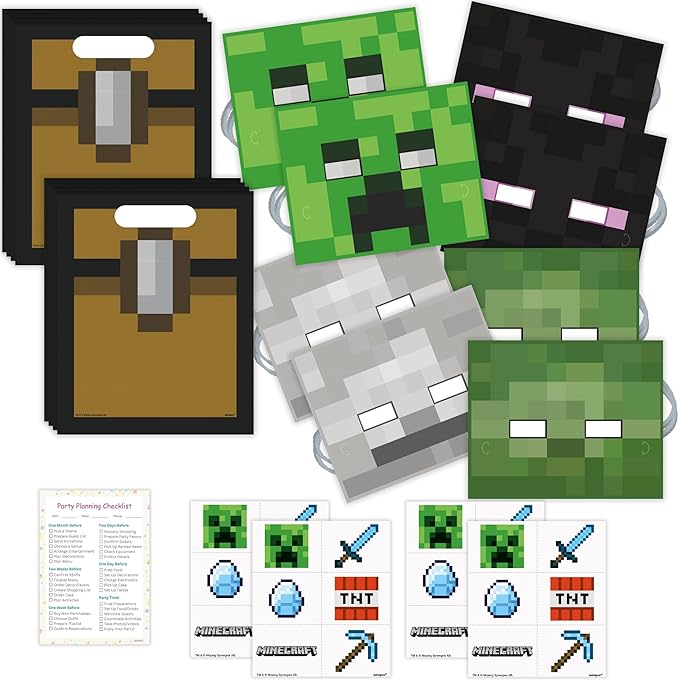 Unique Minecraft Party Favors - 16 Guests - Bundle with Goodie Bags, Tattoos, Favors, Checklist - Minecraft Birthday Decorations