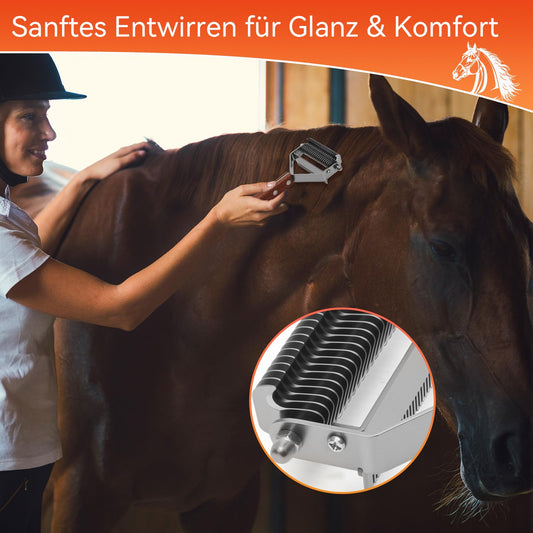 2 in 1 Horse Grooming Comb Mane Deshedding Tool Goats Cow Brush, Horse Brush Set with Leather Show Comb Holder,20 Stainless Blades and Wood Handle,Livestock,Pet