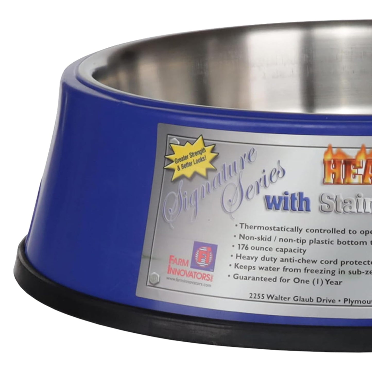 Farm Innovators Signature Series 60 Watt 5.5 Quart Electric Heated Pet Water Bowl with Stainless Steel Insert and Thermostatic Control, Blue