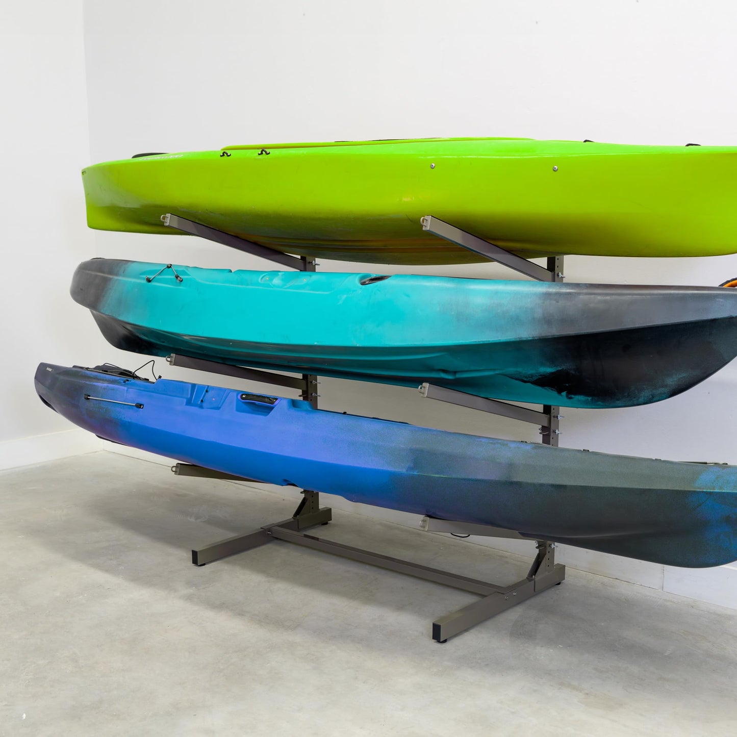 Teal Triangle Freestanding Kayak Storage Rack – 3 Kayak Rack & Canoe Rack – Indoor Outdoor Kayak – Adjustable Surfboard & Stand Up Paddle Board Holder – Adjustable Storage Stand - Mud